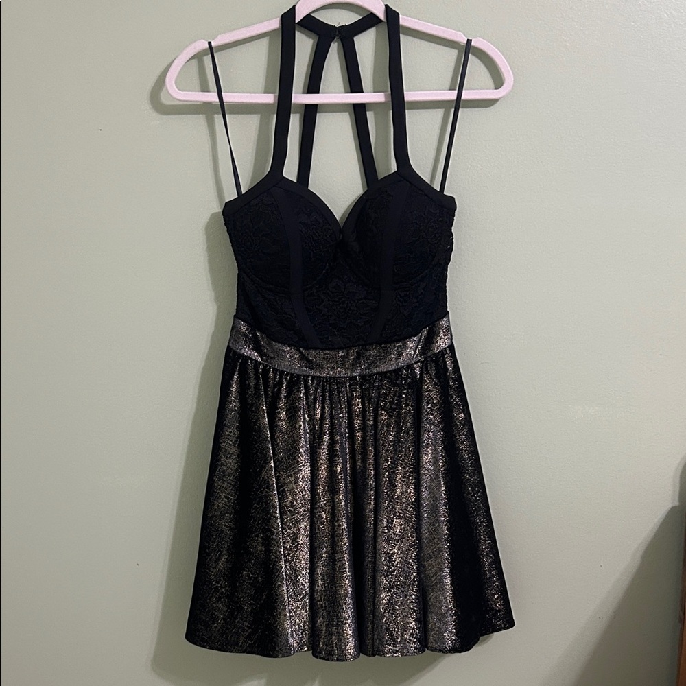 bebe Black Metallic Skater Dress with Strappy Halter